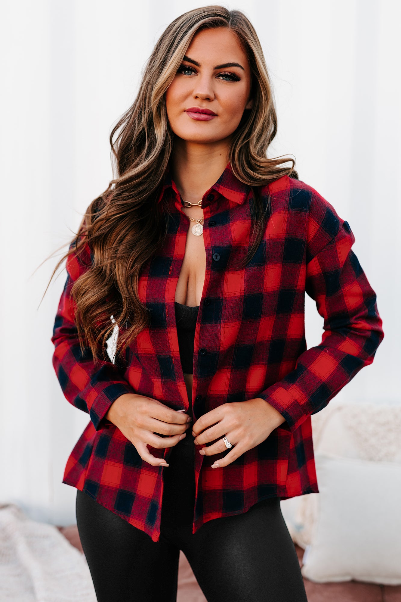 Over & Done Thermal Plaid Button-Down Shirt (Brown)