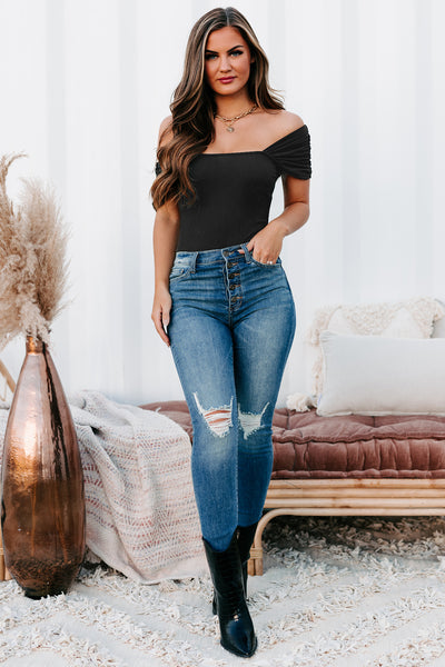 Heard It All Before Ribbed Ruched Strap Bodysuit (Black) - NanaMacs