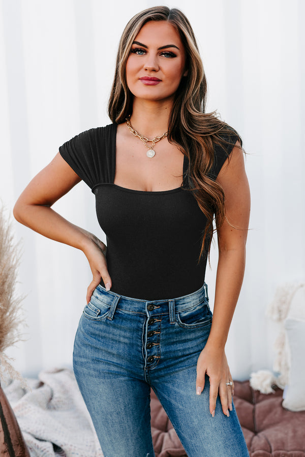 Heard It All Before Ribbed Ruched Strap Bodysuit (Black) - NanaMacs