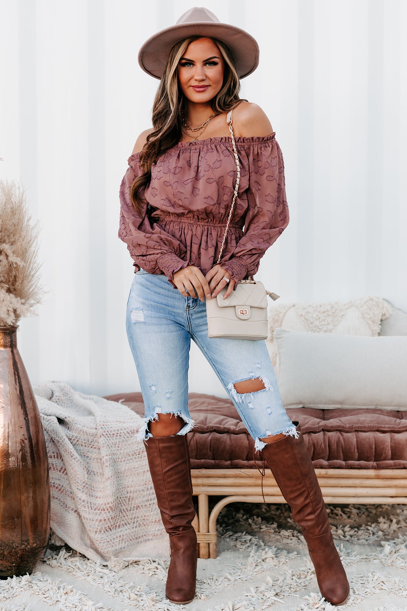 Noticeable Charm Textured Off The Shoulder Top (Dusty Rose) - NanaMacs