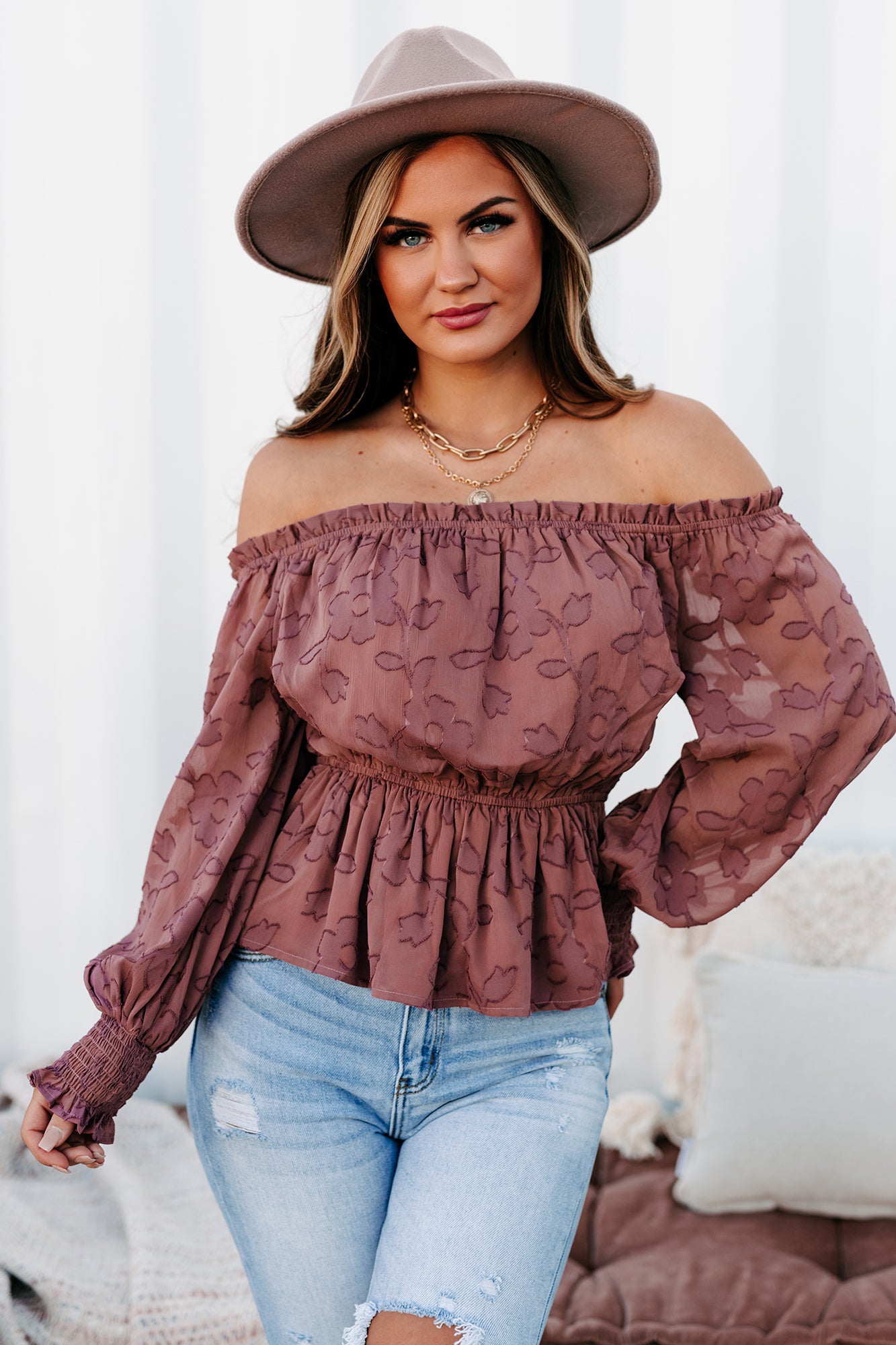 Noticeable Charm Textured Off The Shoulder Top (Dusty Rose) - NanaMacs