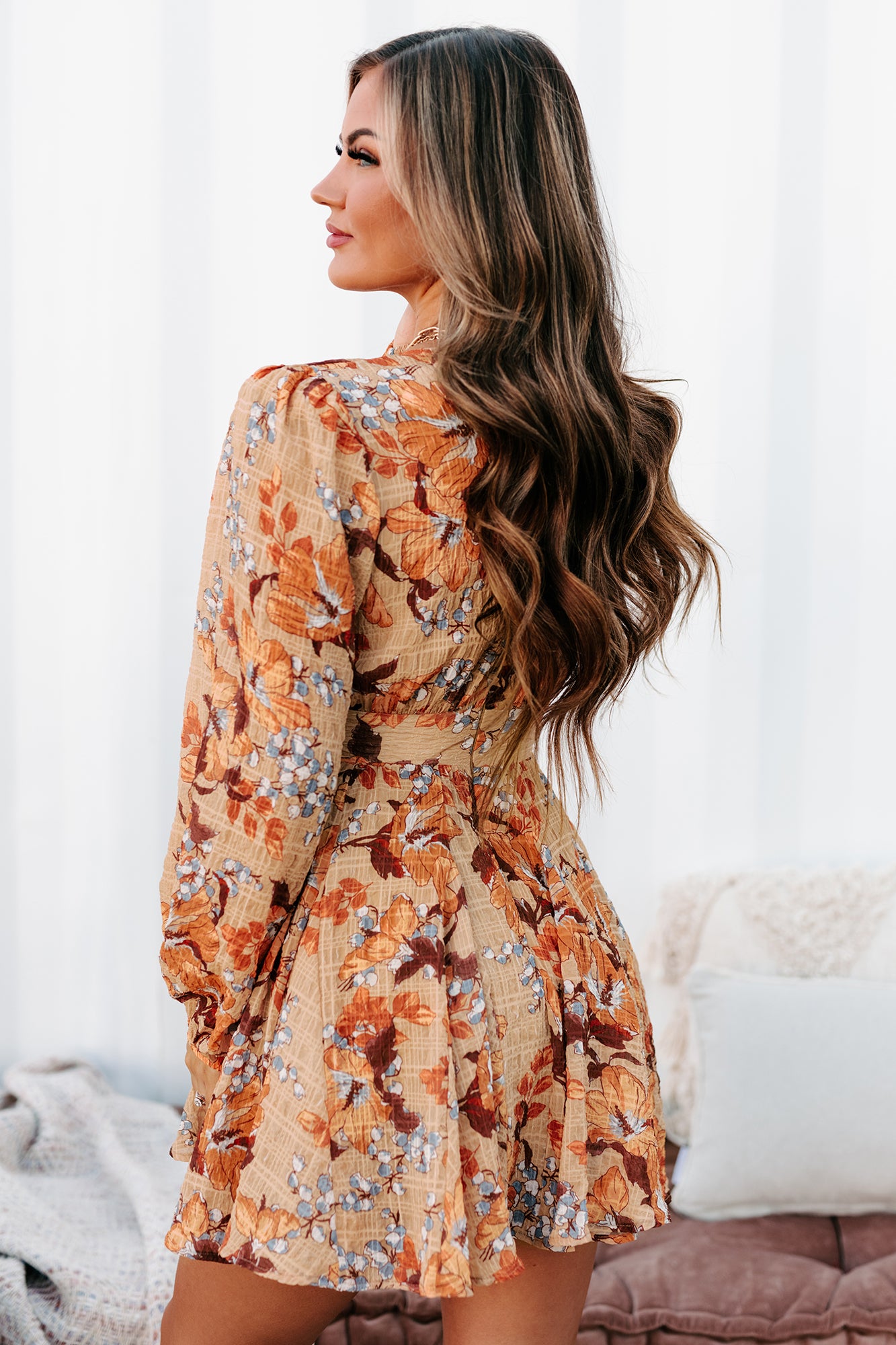 Caramel Kisses Long Sleeve Floral Mini Dress (Taupe) - NanaMacs