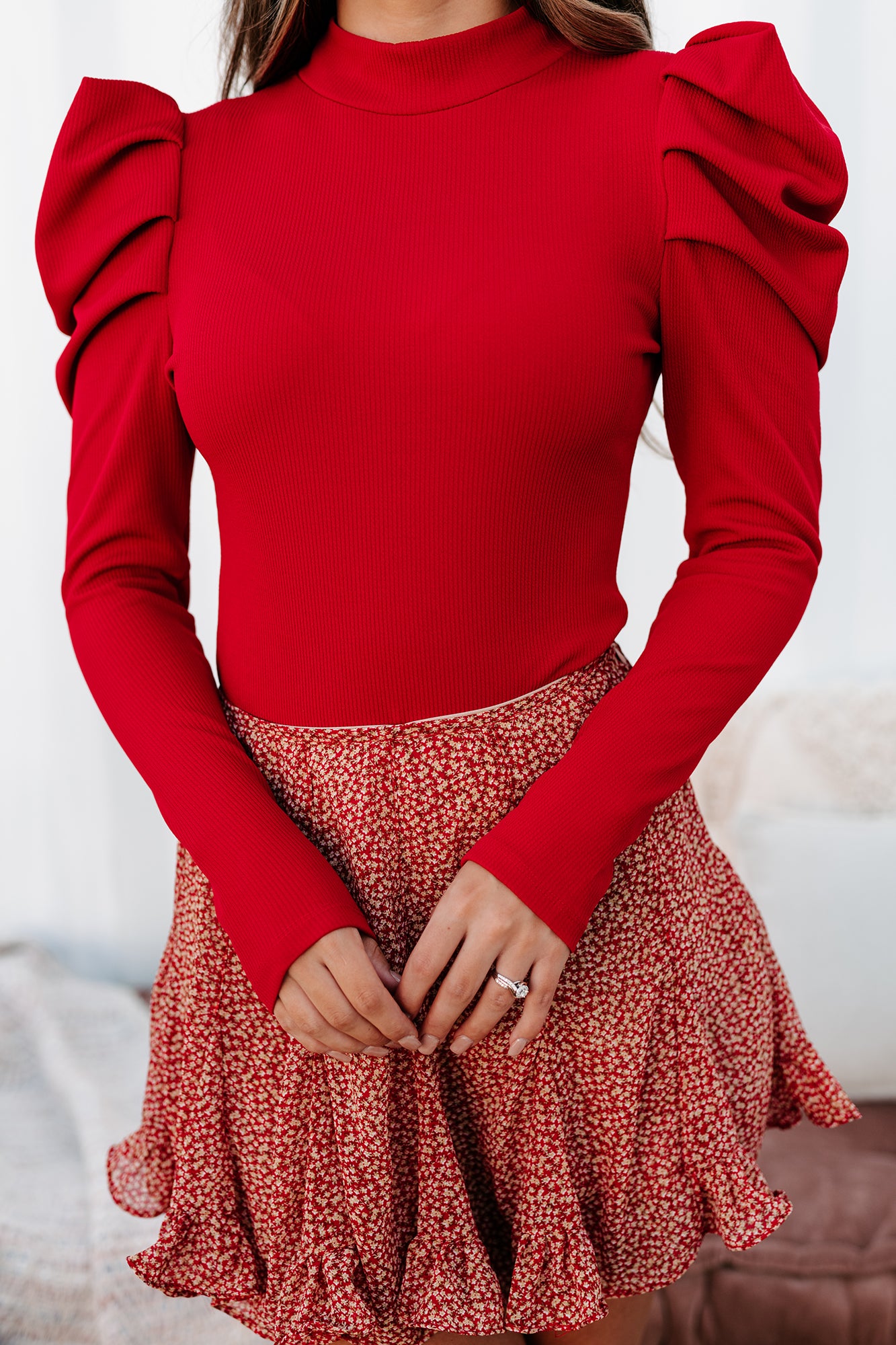 Confident & Poised Ribbed Puff Shoulder Bodysuit (Red) - NanaMacs
