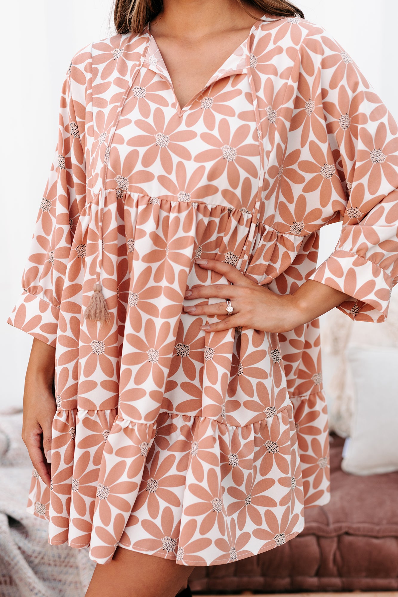 Predictably Sweet Floral Printed Babydoll Dress (Sand/Camel) - NanaMacs