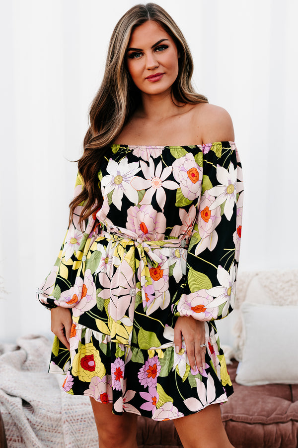 70's Surprise Off The Shoulder Floral Mini Dress (Black/Multi) - NanaMacs