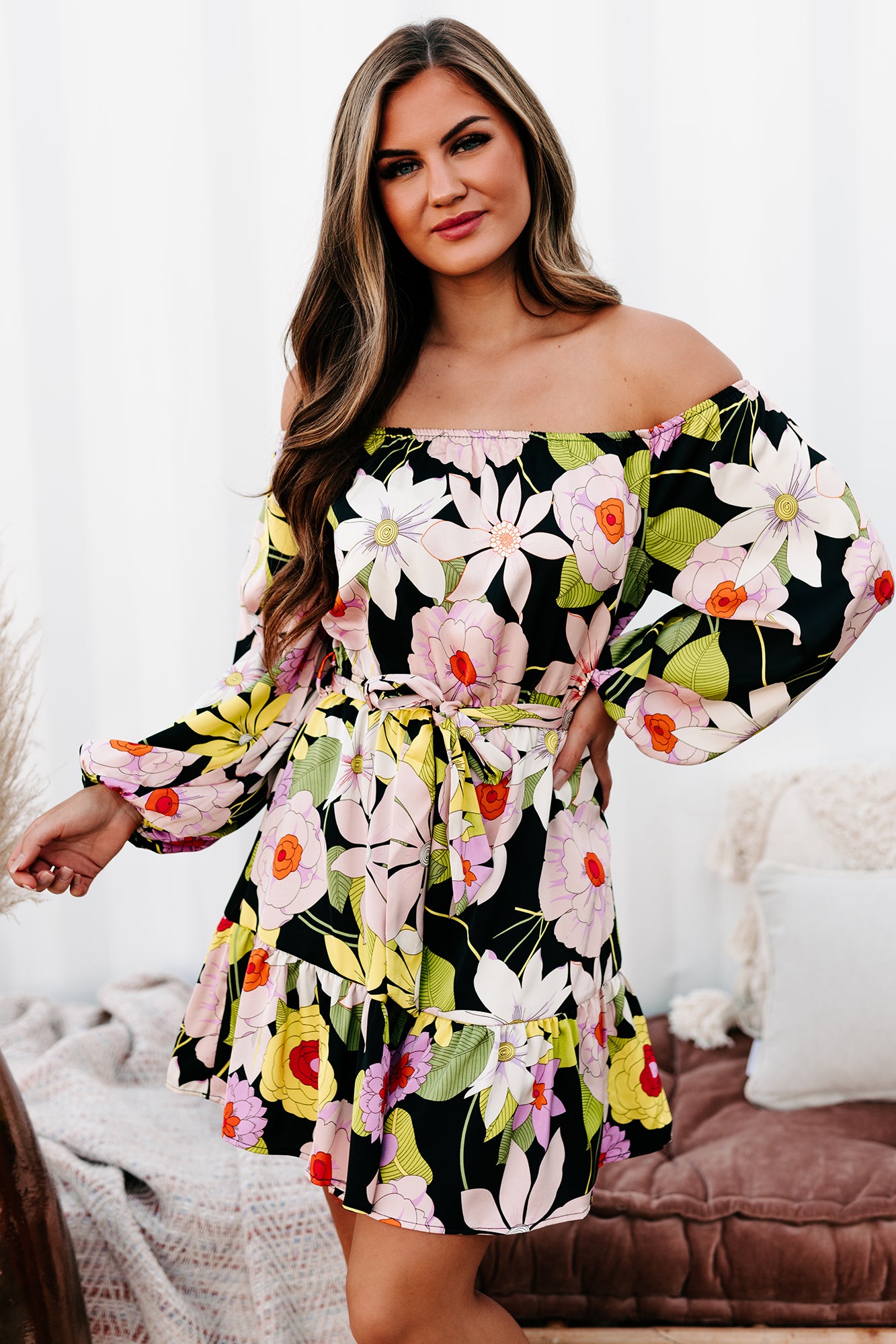 70's Surprise Off The Shoulder Floral Mini Dress (Black/Multi) - NanaMacs