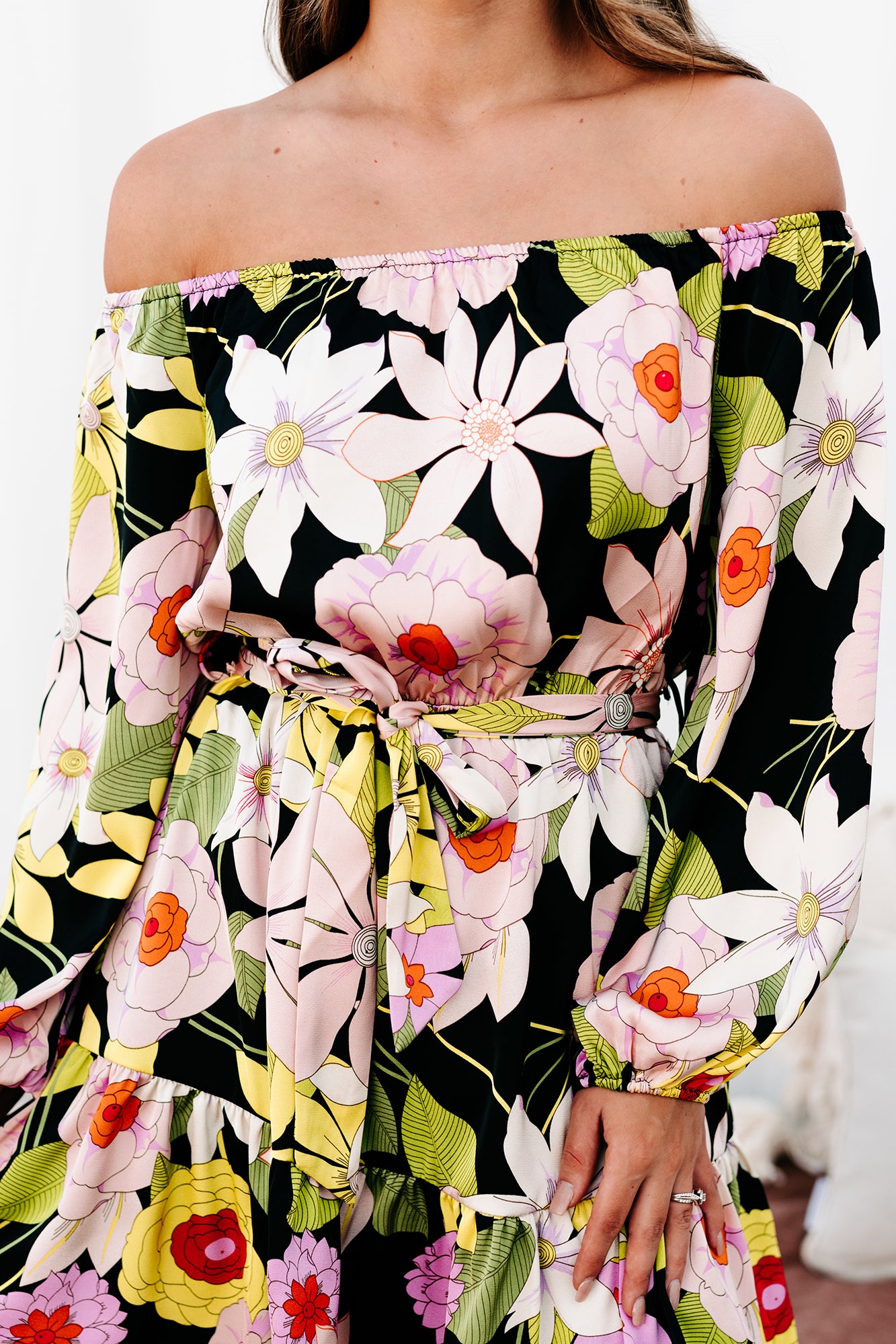 70's Surprise Off The Shoulder Floral Mini Dress (Black/Multi) - NanaMacs