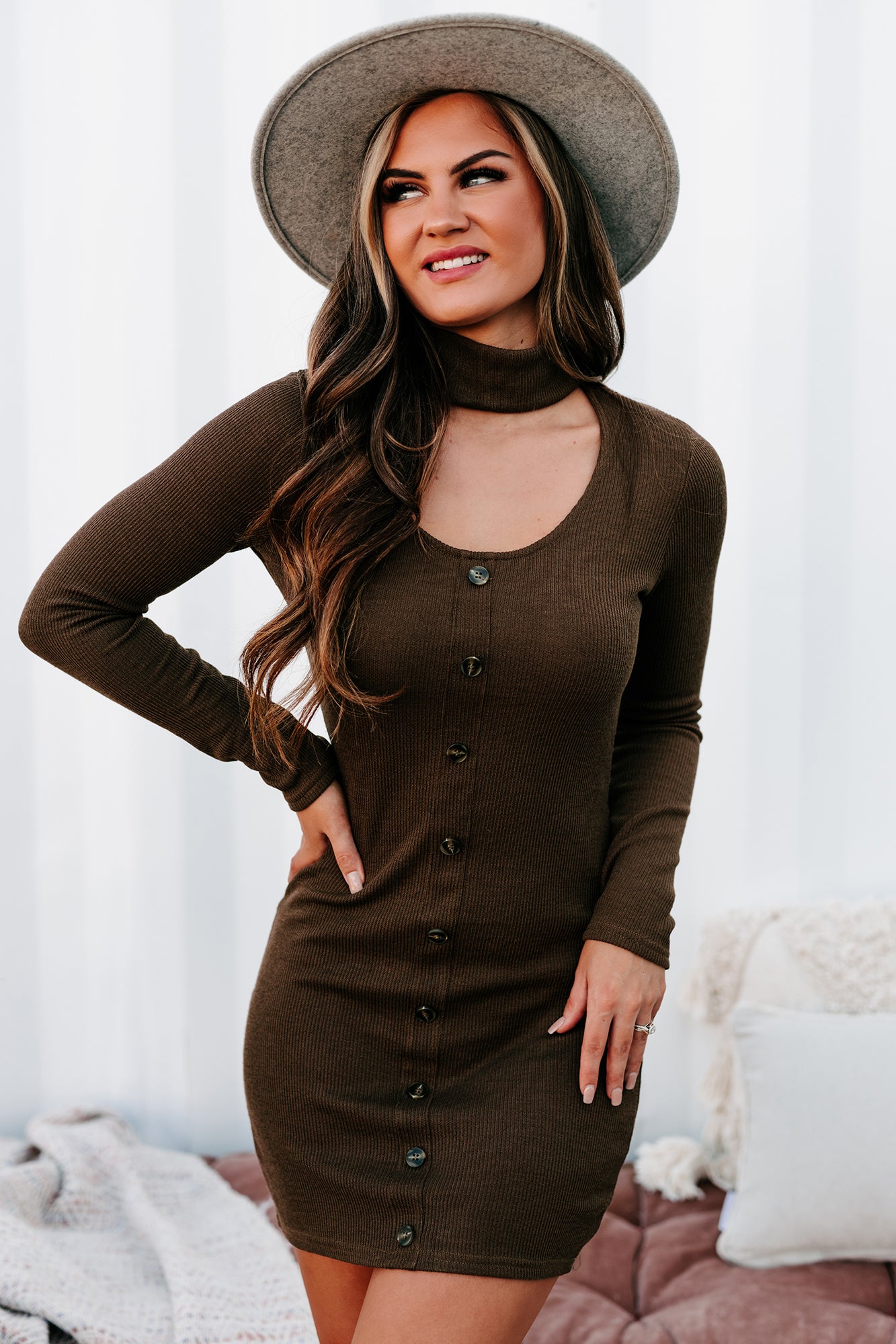 Living For Today Long Sleeve Cut-Out Bodycon Dress (Brown) - NanaMacs
