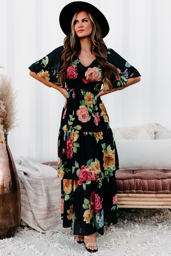 Irresistibly Charming Tiered Floral Maxi Dress (Black) - NanaMacs