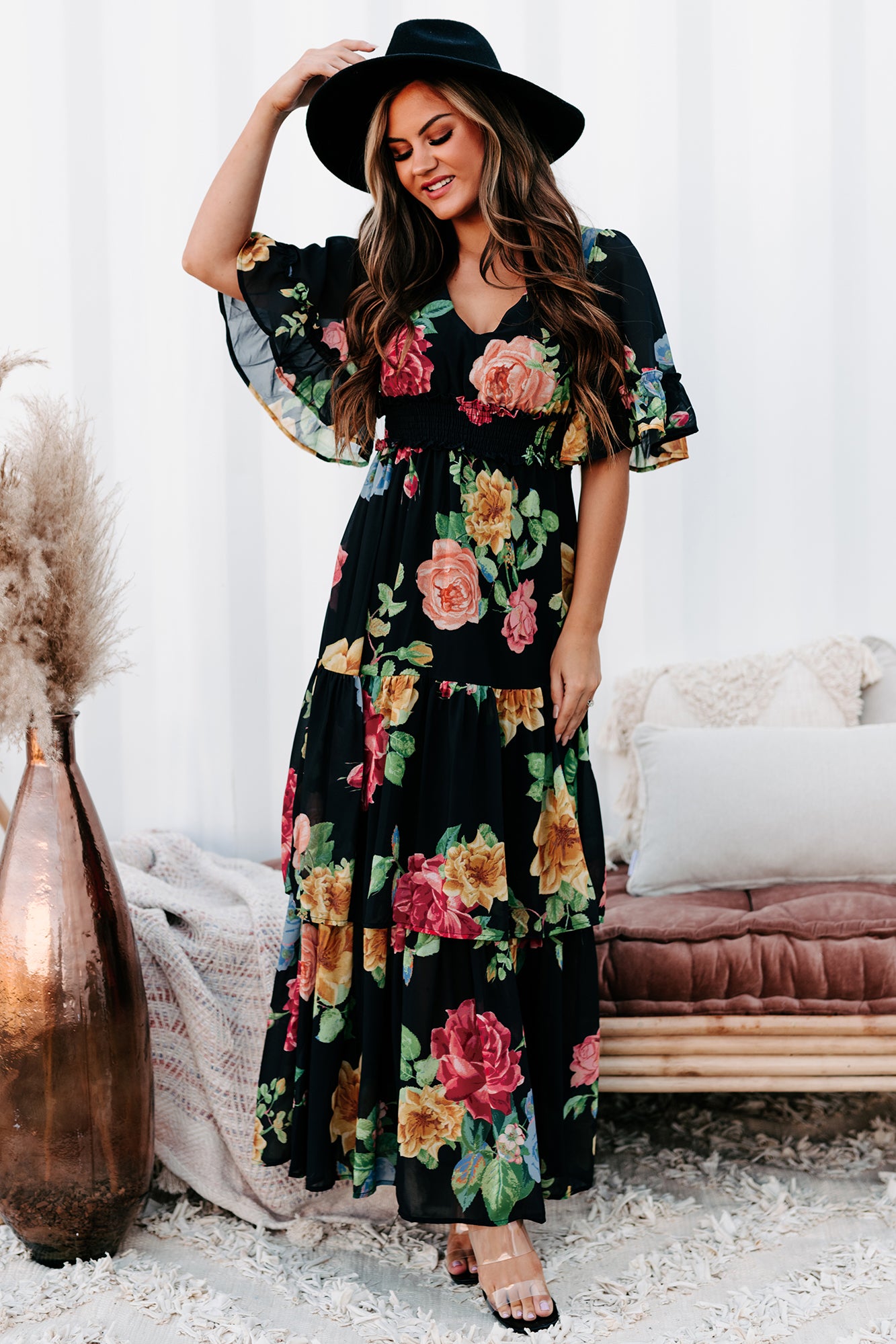 Irresistibly Charming Tiered Floral Maxi Dress (Black) - NanaMacs