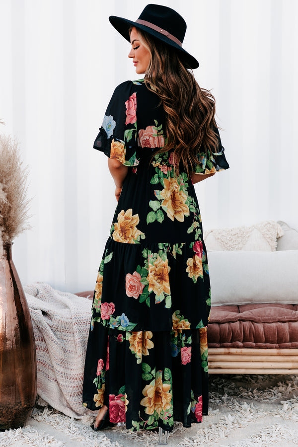 Irresistibly Charming Tiered Floral Maxi Dress (Black) - NanaMacs