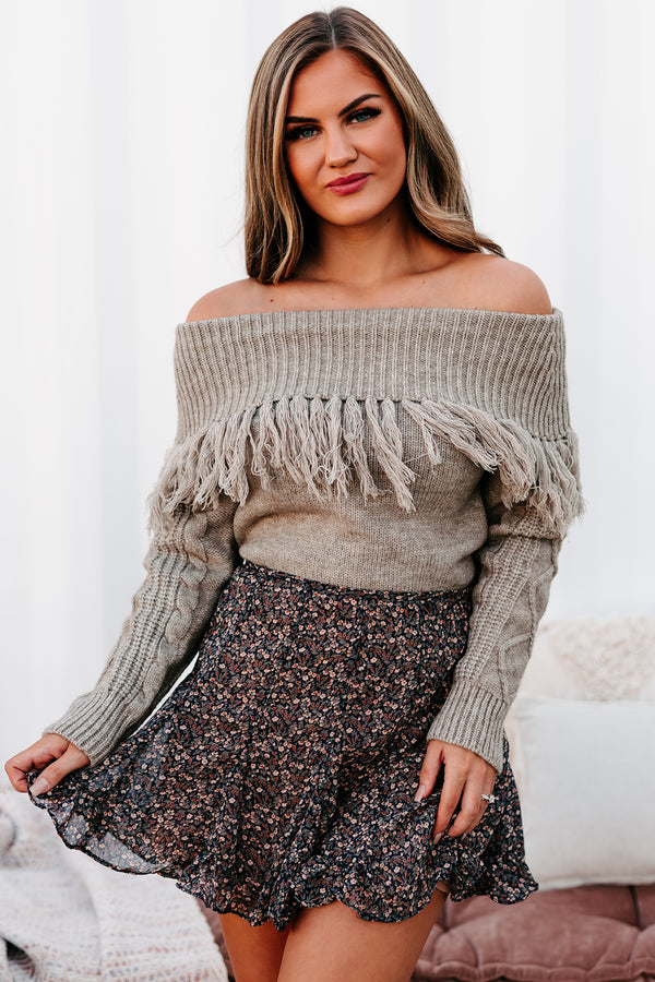 Knit So Fast Fringe Off The Shoulder Sweater (Taupe) - NanaMacs