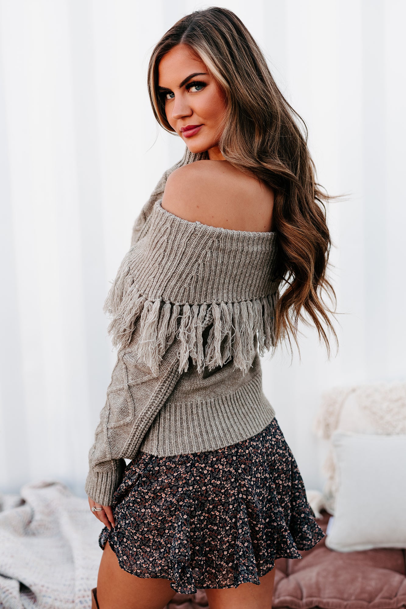 Knit So Fast Fringe Off The Shoulder Sweater Taupe NanaMacs