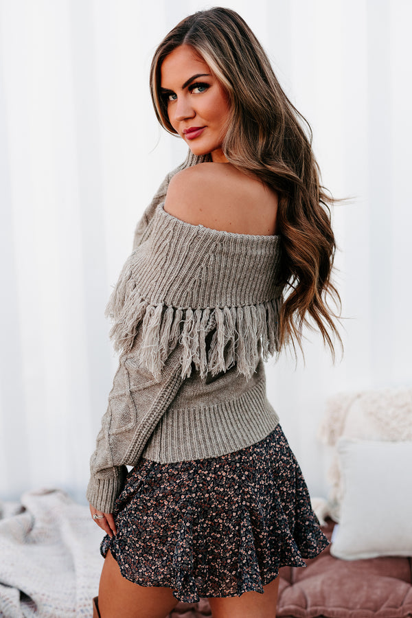 Knit So Fast Fringe Off The Shoulder Sweater (Taupe) - NanaMacs