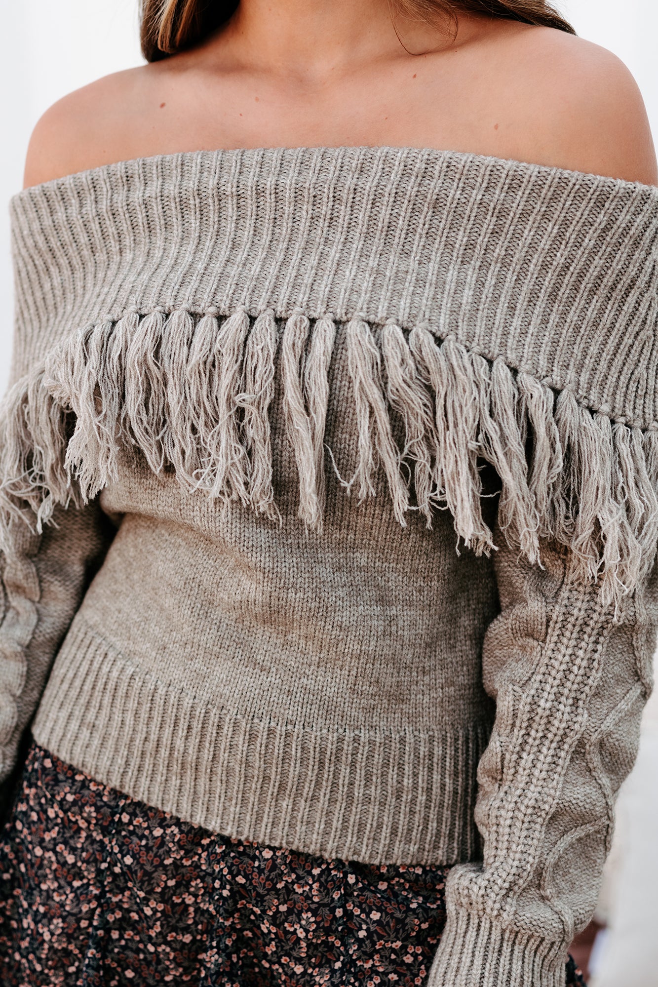 Knit So Fast Fringe Off The Shoulder Sweater (Taupe) - NanaMacs