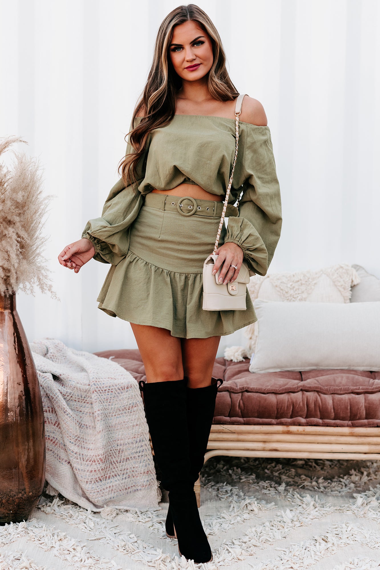 Destined For Date Night Long Sleeve Crop Top & Mini Skirt Set (Olive) - NanaMacs