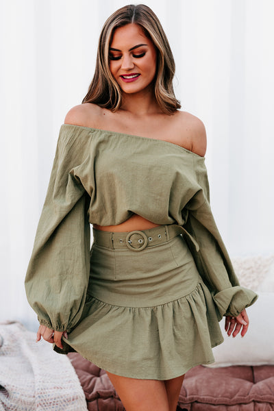 Destined For Date Night Long Sleeve Crop Top & Mini Skirt Set (Olive) - NanaMacs