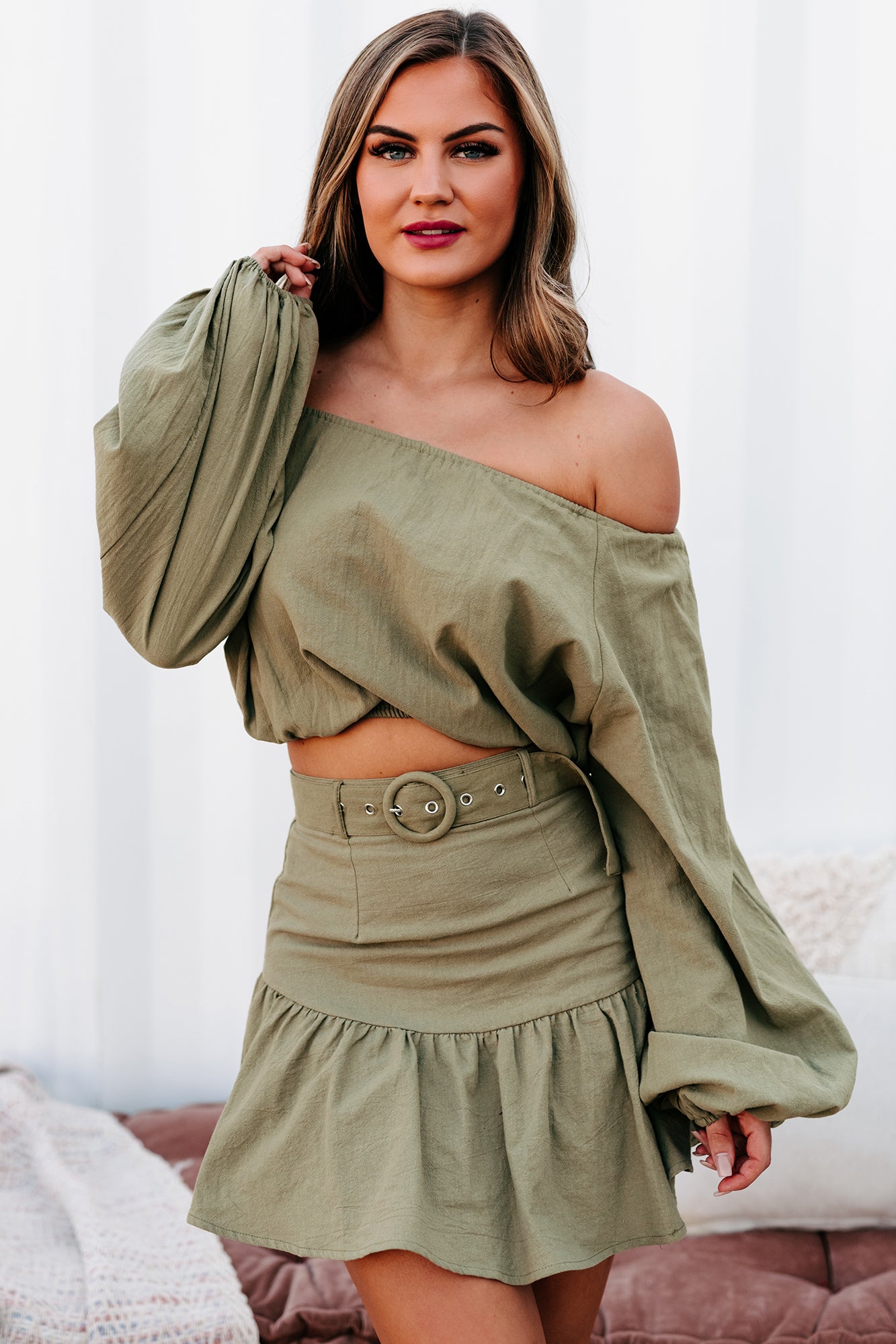 Destined For Date Night Long Sleeve Crop Top & Mini Skirt Set (Olive) - NanaMacs