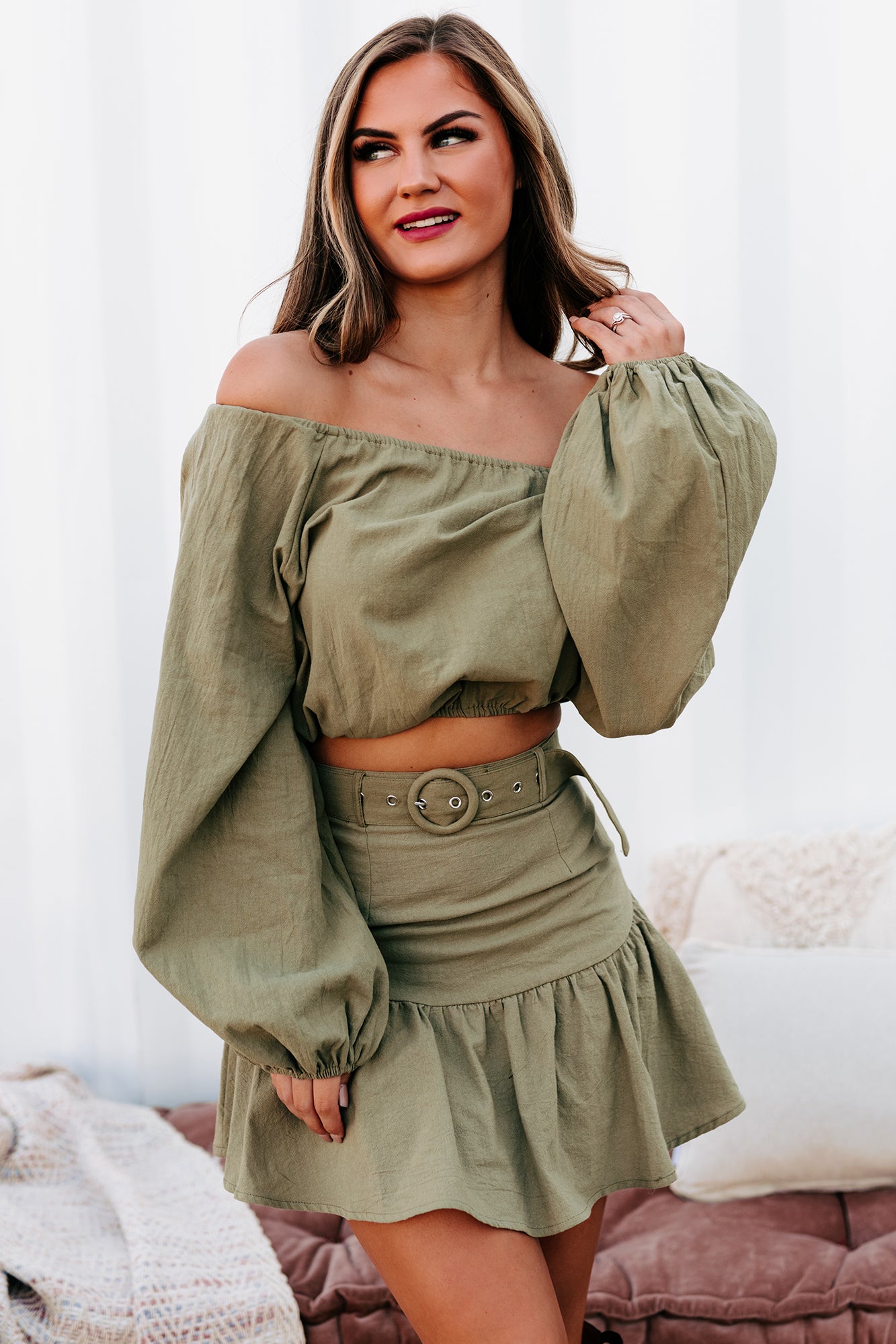 Destined For Date Night Long Sleeve Crop Top & Mini Skirt Set (Olive) - NanaMacs