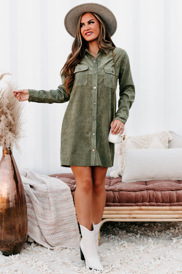 Attitude Adjustment Corduroy Shirt Dress (Olive) - NanaMacs