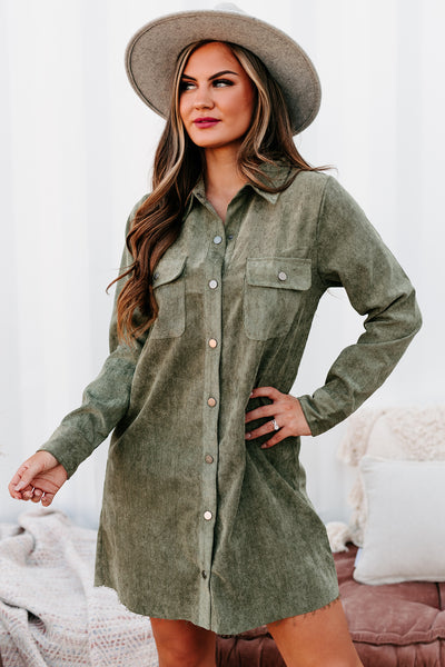 Attitude Adjustment Corduroy Shirt Dress (Olive) - NanaMacs