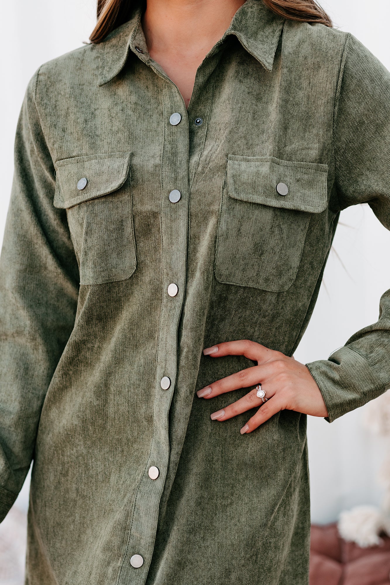 Attitude Adjustment Corduroy Shirt Dress (Olive) - NanaMacs