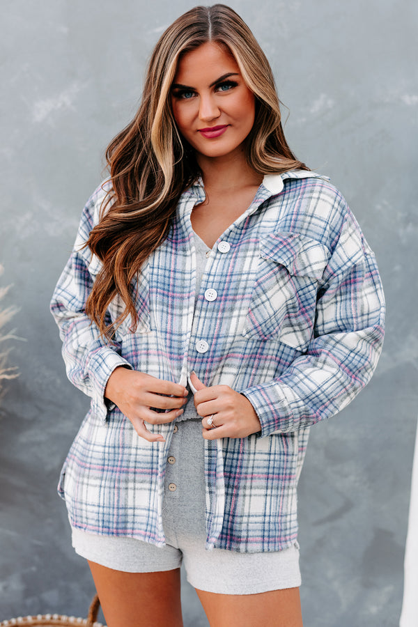 Creative Flow Plaid Shacket (Ivory/Denim/Pink) - NanaMacs