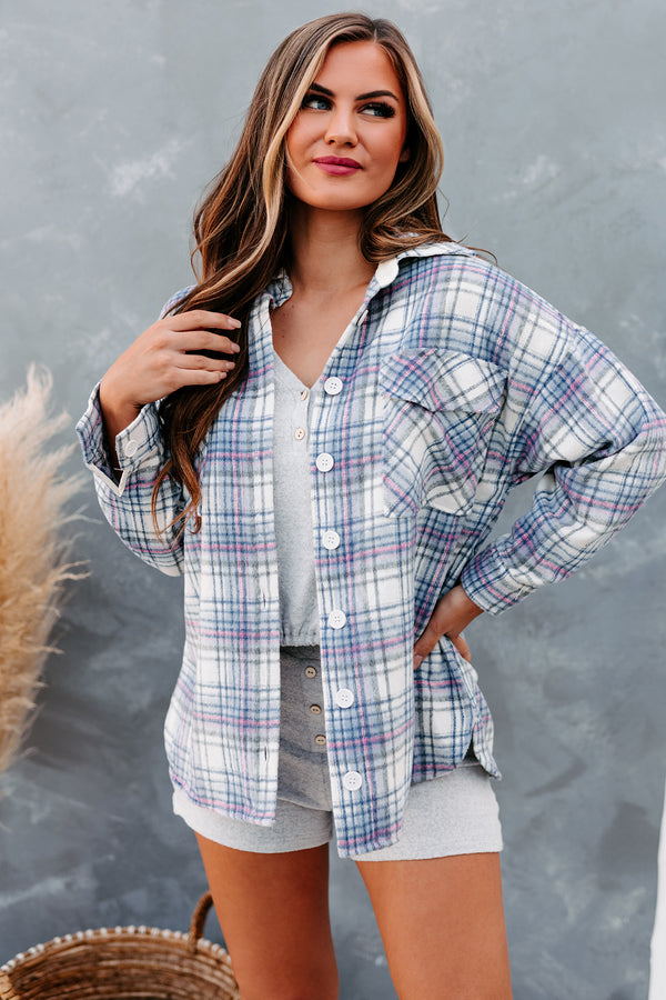 Creative Flow Plaid Shacket (Ivory/Denim/Pink) - NanaMacs