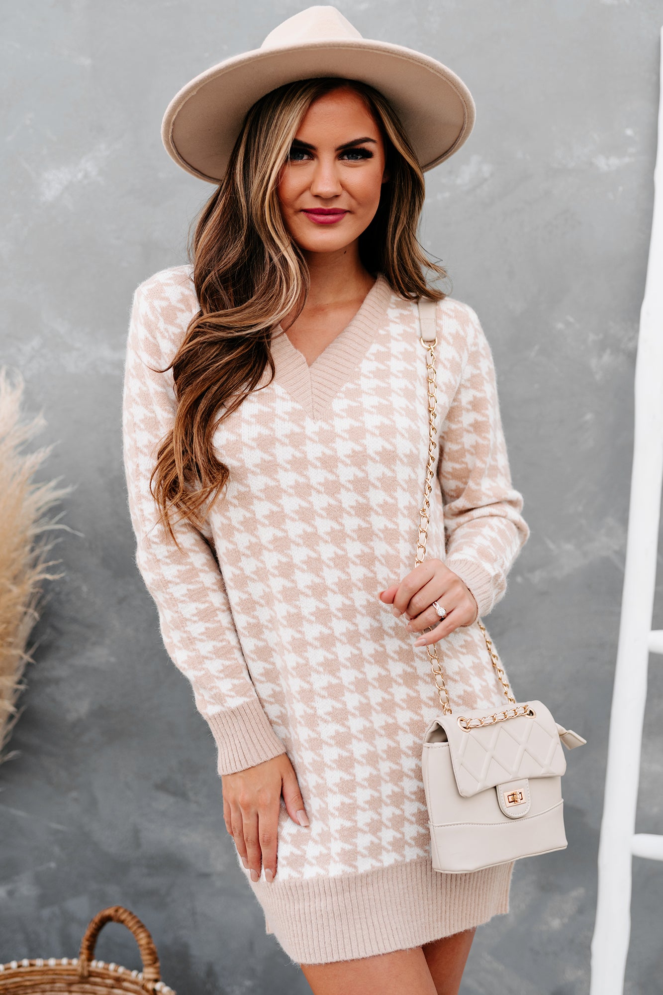 Information Overload Houndstooth Sweater Dress (Taupe) - NanaMacs