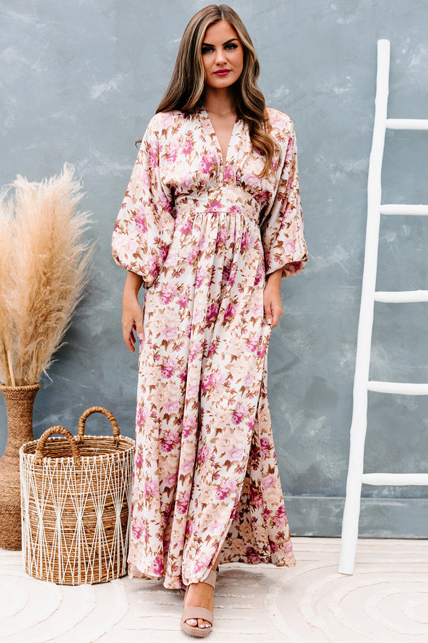 Serene Queen Satin Floral Maxi Dress (Beige/Mauve) - NanaMacs