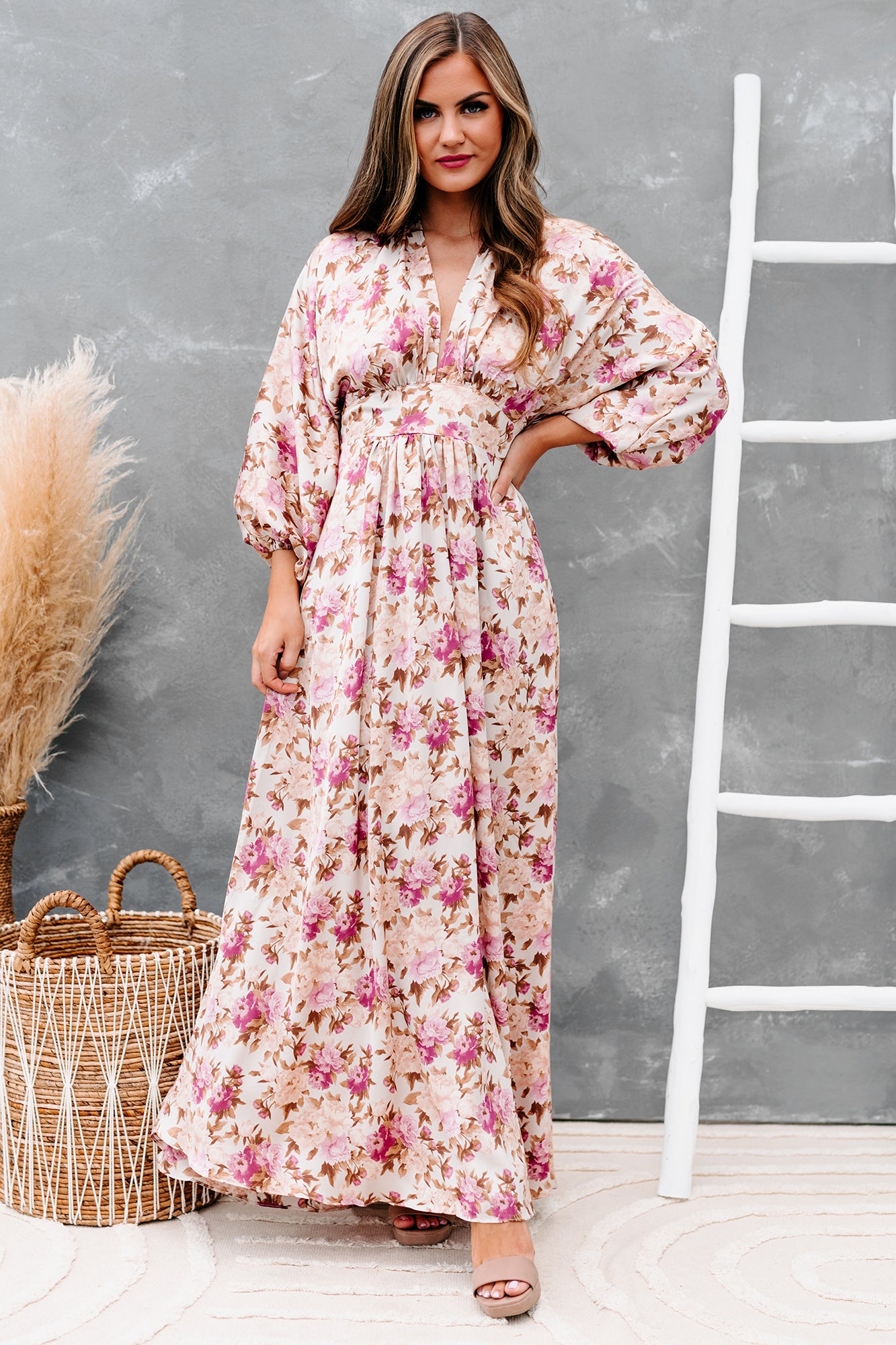 Serene Queen Satin Floral Maxi Dress (Beige/Mauve) - NanaMacs