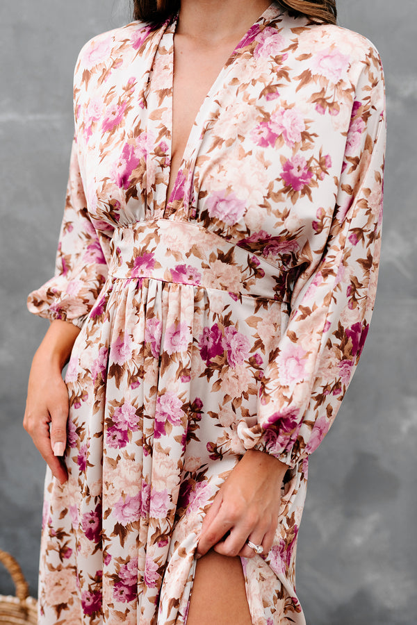 Serene Queen Satin Floral Maxi Dress (Beige/Mauve) - NanaMacs