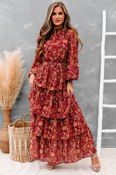Always Memorable Tiered Printed Maxi Dress (Burgundy) - NanaMacs