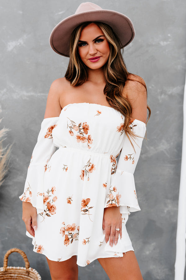 "Hope Is A Heartache" Floral Off The Shoulder Dress (Ivory/Peach) - NanaMacs