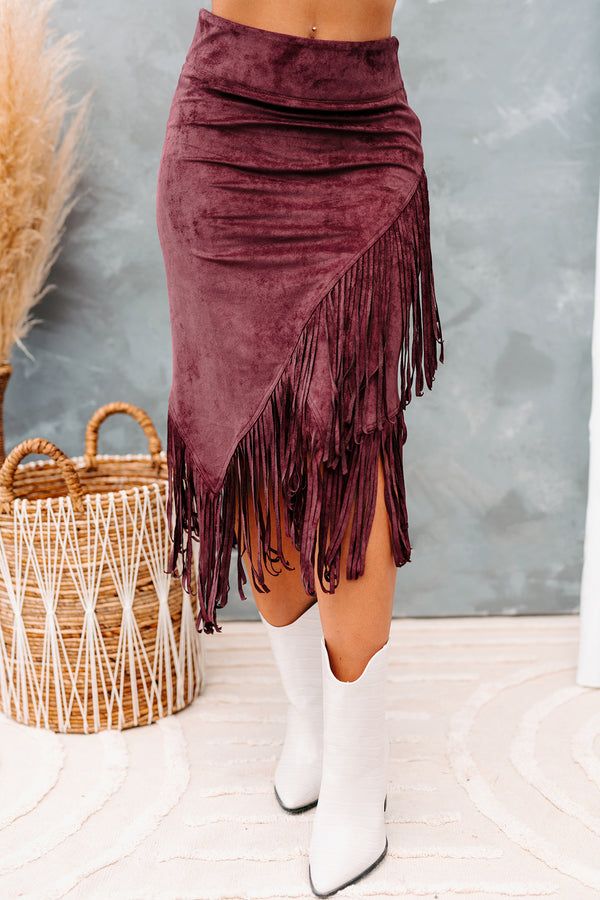 Freedom & Fringe Faux Suede Fringe Midi Skirt (Wine) - NanaMacs