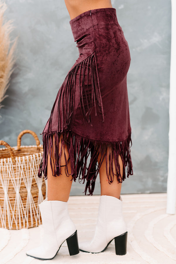 Freedom & Fringe Faux Suede Fringe Midi Skirt (Wine) - NanaMacs