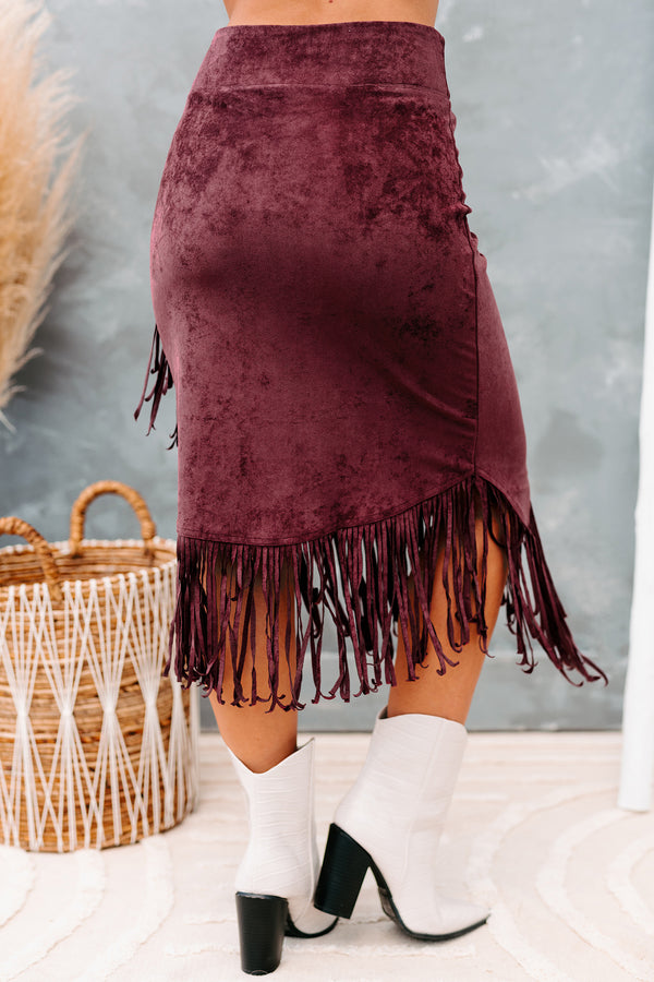 Freedom & Fringe Faux Suede Fringe Midi Skirt (Wine) - NanaMacs