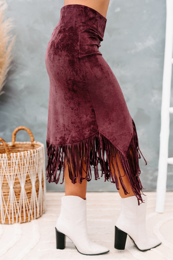 Freedom & Fringe Faux Suede Fringe Midi Skirt (Wine) - NanaMacs