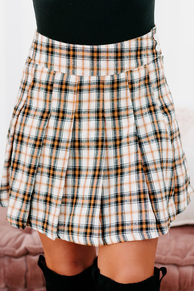 Private Education High Waisted Plaid Skort (Cream Black Plaid) - NanaMacs