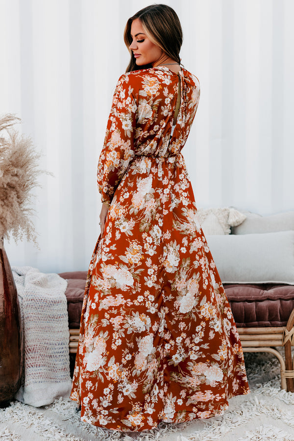 Serene Queen Satin Floral Maxi Dress (Rust/Multi) - NanaMacs