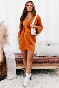 Adding Incentives Long Sleeve Satin Wrap Dress (Pumpkin) - NanaMacs