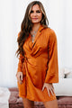 Adding Incentives Long Sleeve Satin Wrap Dress (Pumpkin) - NanaMacs
