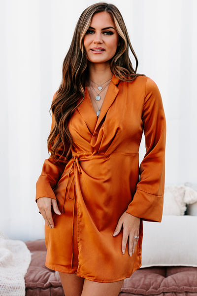 Adding Incentives Long Sleeve Satin Wrap Dress (Pumpkin) - NanaMacs