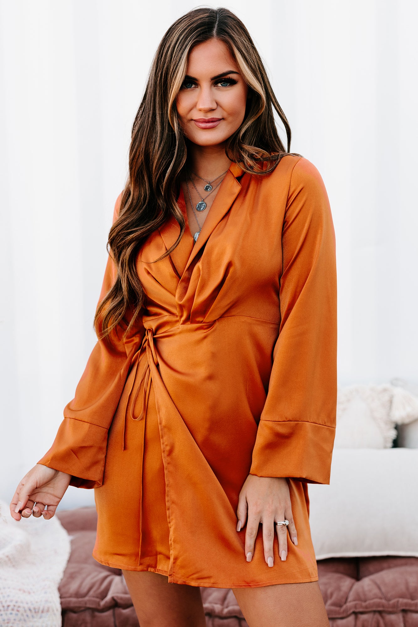 Adding Incentives Long Sleeve Satin Wrap Dress (Pumpkin) - NanaMacs