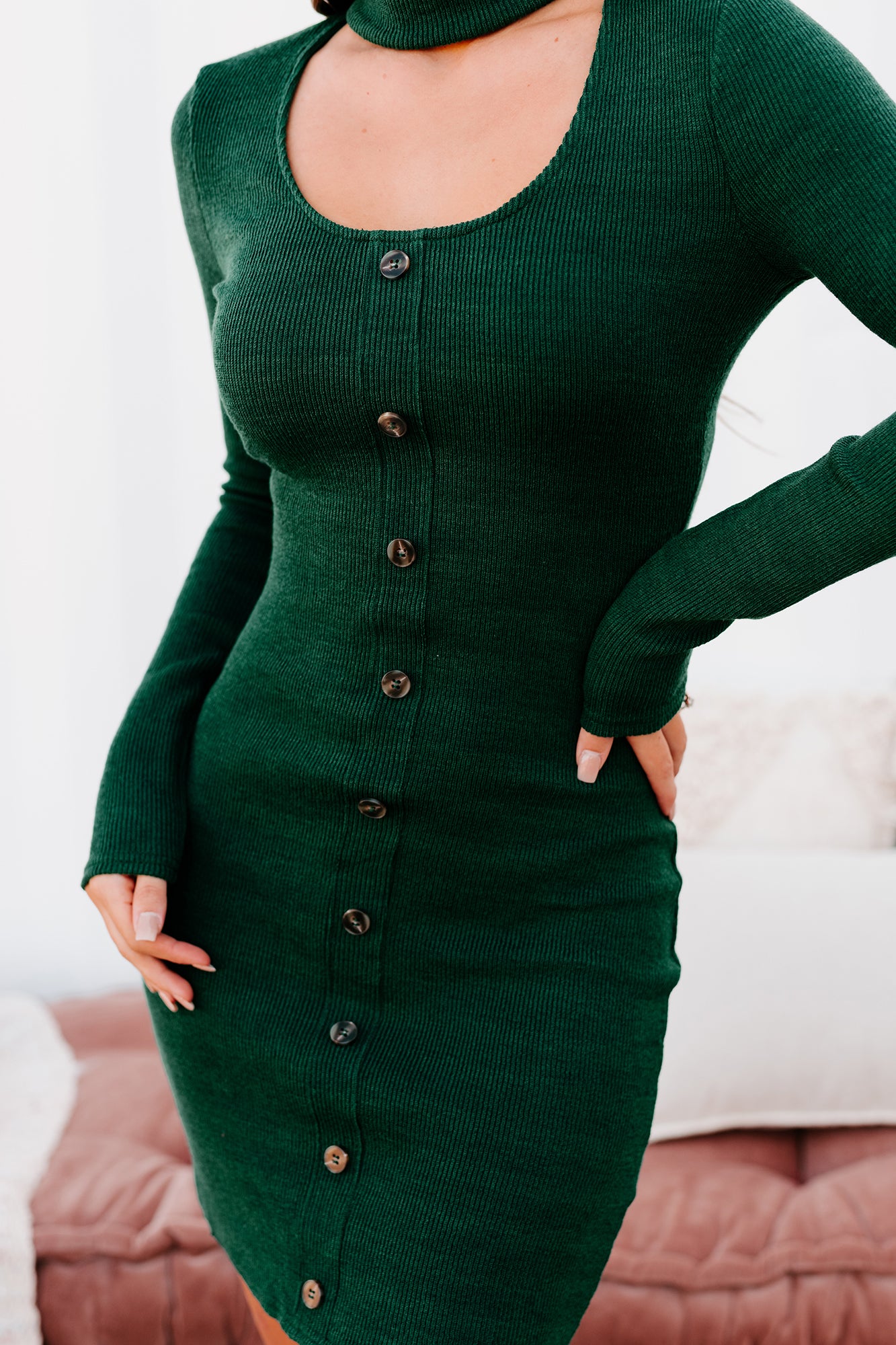 Living For Today Long Sleeve Cut-Out Bodycon Dress (Hunter Green) - NanaMacs