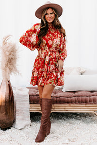 Autumn Expectations Long Sleeve Floral Mini Dress (Rust) - NanaMacs