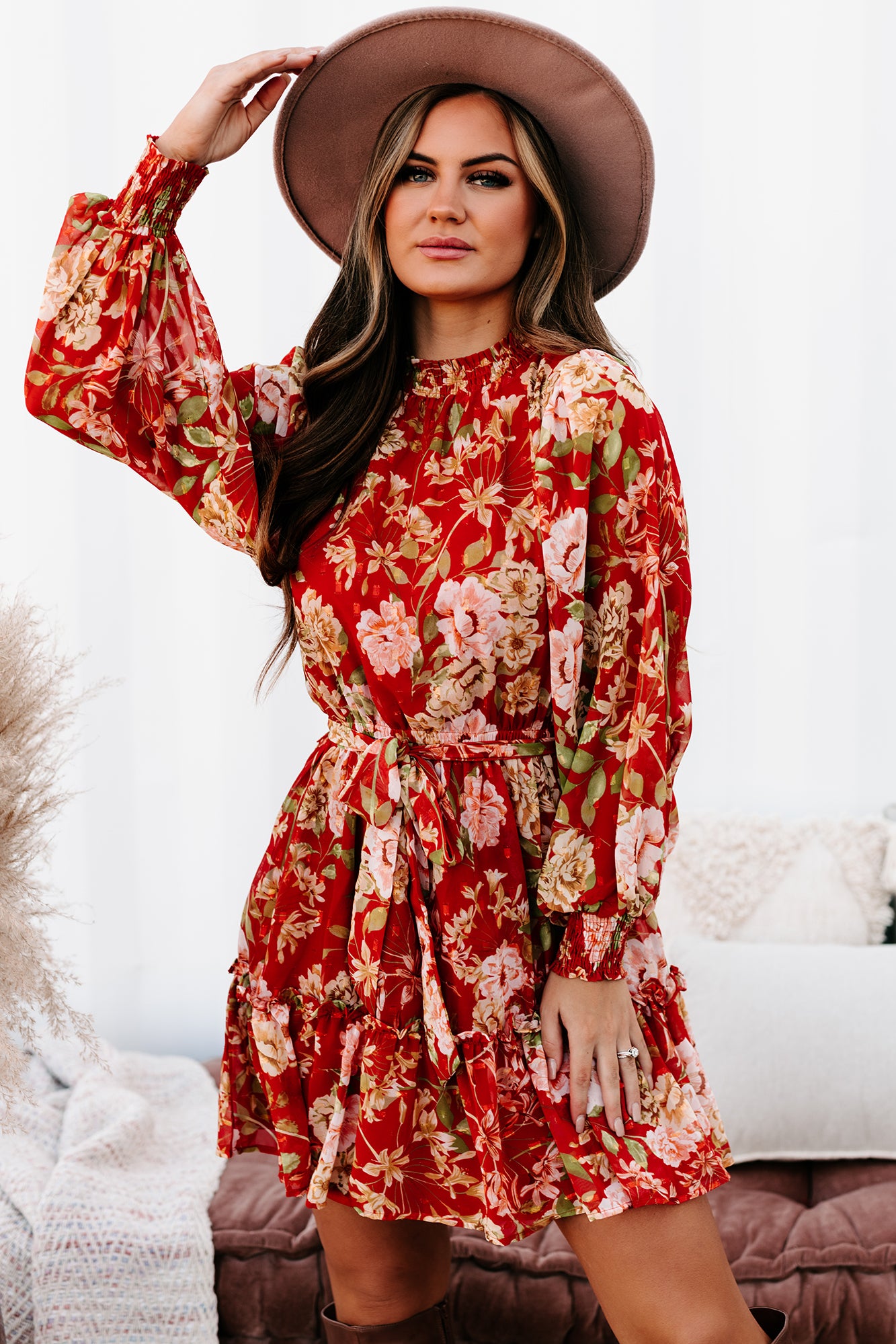 Autumn Expectations Long Sleeve Floral Mini Dress (Rust) - NanaMacs