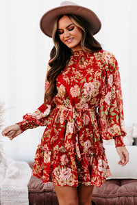 Autumn Expectations Long Sleeve Floral Mini Dress (Rust) - NanaMacs