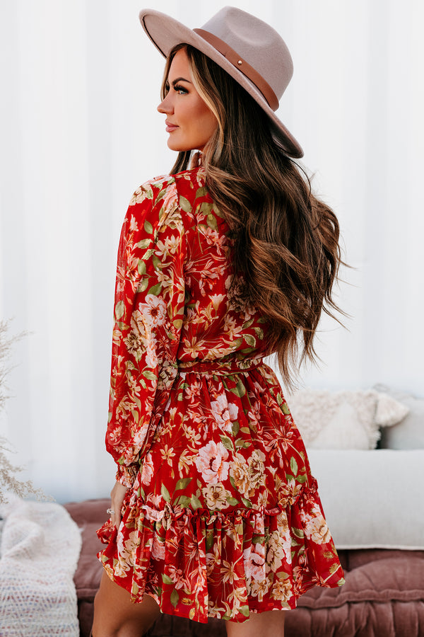 Autumn Expectations Long Sleeve Floral Mini Dress (Rust) - NanaMacs