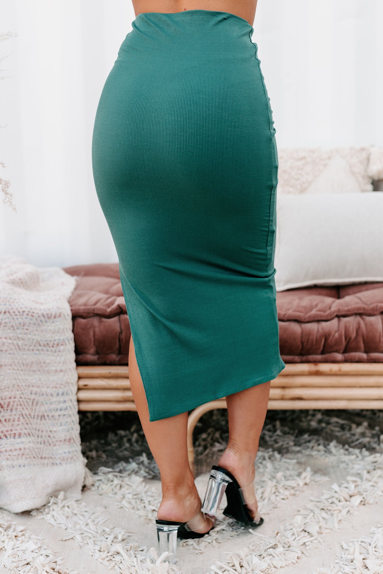 Needing A Change Ribbed Side Slit Midi Skirt (Emerald) - NanaMacs